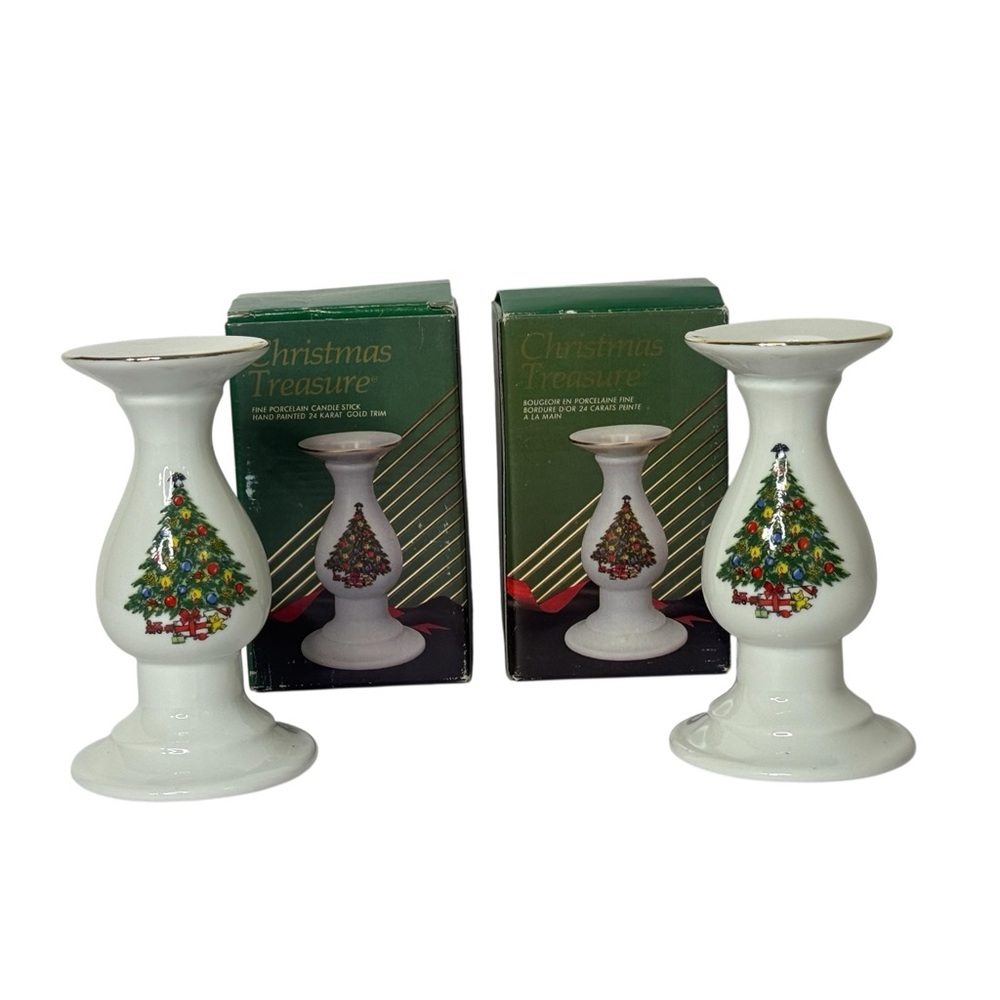 Christmas Treasures Porcelain Candle Holder Hand Painted‎ 24K Gold Trim Set of 2